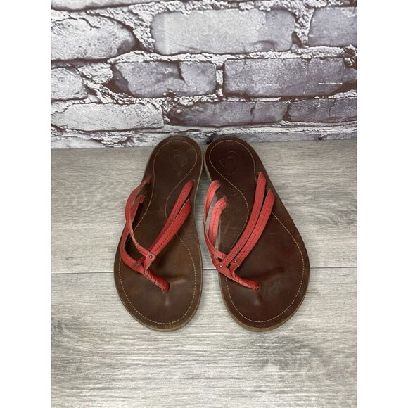 Olukai U'I-W Red Leather Thong FlipFlop Casual Slide Sandals Women Sz 8M US/38EU - Picture 6 of 16